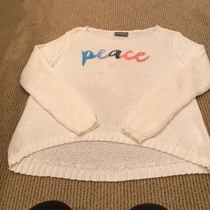 Wooden Ships Peace Sweater with high / low bottom.